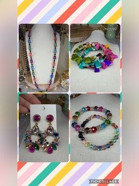 Colorful 5 Piece Jewelry Lot Bracelets Necklaces Earring Rhinestone Wood Crystal